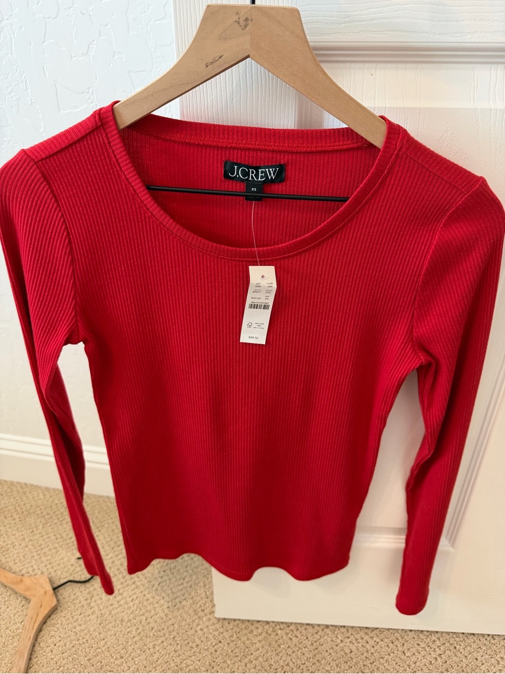 J. Crew Red Ribbed Long Sleeve Crewneck Top